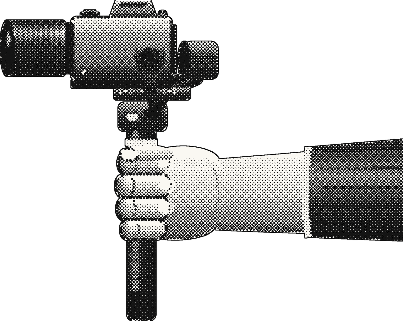 Halftone illustration of a hand holding a camera on a gimbal, reaching in from the side